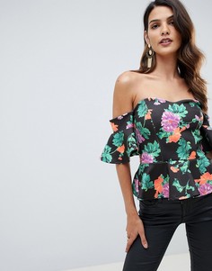 Черный топ с открытыми плечами, баской и цветочным принтом ASOS DESIGN - Мульти