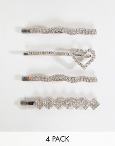 4 серебристые заколки для волос со стразами ASOS DESIGN - Серебряный