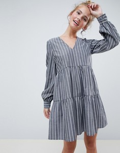 Ярусное хлопковое платье в полоску с длинными рукавами ASOS DESIGN - Мульти