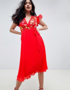 Плиссированное платье миди с вышивкой ASOS DESIGN - Красный