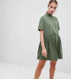 Хлопковое oversize-платье мини с высоким воротом ASOS DESIGN Petite - Зеленый