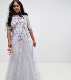 Платье макси из сетки добби с цветочной вышивкой ASOS DESIGN Curve Bridesmaid - Серый