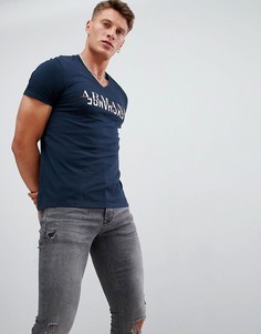 Темно-синяя узкая футболка с V-образным вырезом и логотипом Armani Exchange - Темно-синий