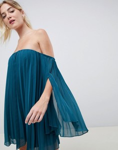 Платье мини с плиссировкой и открытыми плечами ASOS DESIGN - Зеленый