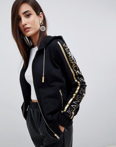 Худи на молнии с логотипом металлик и цепочкой Versace Jeans - Черный
