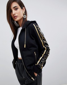 Худи на молнии с логотипом металлик и цепочкой Versace Jeans - Черный
