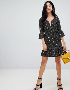 Платье мини из крепа в горошек и цветочек с V-образной вставкой ASOS DESIGN - Мульти