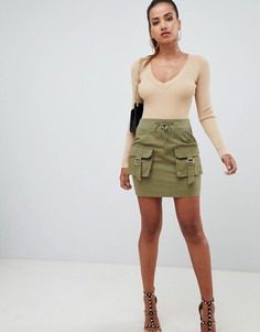Мини-юбка цвета хаки с карманами карго PrettyLittleThing - Зеленый