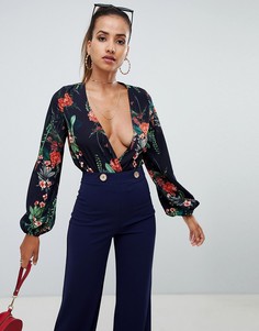 Боди с глубоким вырезом и принтом PrettyLittleThing - Темно-синий