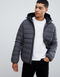 Серая дутая куртка с капюшоном New Look - Серый