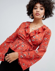 Топ с запахом, оборками и цветочным принтом Missguided - Коричневый