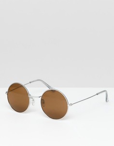 Круглые солнцезащитные очки в серебристой оправе с коричневыми стеклами ASOS DESIGN - Серебряный
