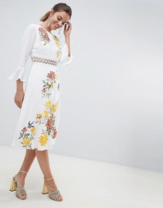 Платье миди с кружевными вставками и цветочной вышивкой ASOS DESIGN premium - Белый