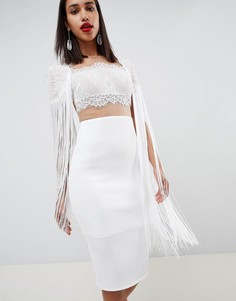 Платье с кружевным лифом и бахромой ASOS DESIGN - Белый