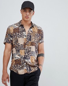 Коричневая рубашка классического кроя со звериным принтом ASOS DESIGN - Черный