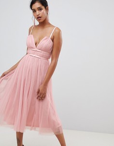 Платье миди из тюля с лентой на талии ASOS DESIGN - Розовый