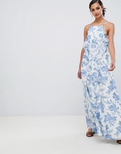Платье макси с оборками и синим цветочным принтом ASOS DESIGN - Мульти