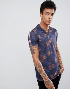 Поло удлиненного кроя с цветочным принтом и отделкой лентой ASOS DESIGN - Темно-синий