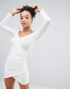 Boohoo knitted wrap mini dress in white - Кремовый