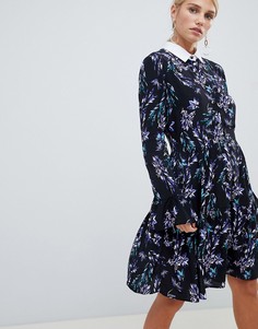 Короткое приталенное платье с длинными рукавами, принтом и контрастным воротником Closet London - Синий