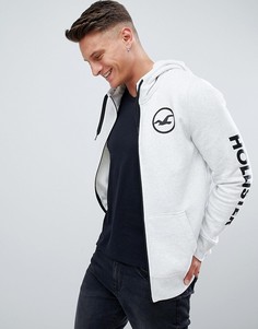 Худи серого цвета на молнии с принтом на рукаве Hollister - Серый