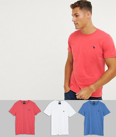 Abercrombie & Fitch 3 pack crew neck t-shirt slim fit moose logo in red/white & blue - Мульти