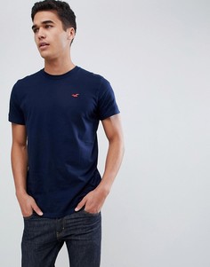 Темно-синяя зауженная футболка с круглым вырезом и логотипом Hollister - Темно-синий