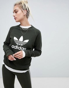 Свитшот цвета хаки с круглым вырезом и логотипом-трилистником adidas Originals - Зеленый