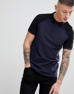 Поло из пике с контрастными рукавами реглан ASOS DESIGN - Темно-синий