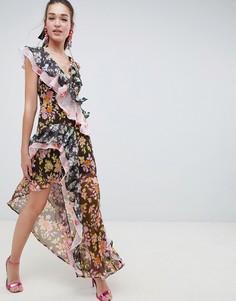 Асимметричное платье макси с цветочным принтом и оборкой ASOS DESIGN - Красный