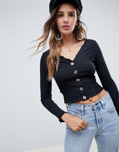Лонгслив в рубчик на пуговицах с V-образным вырезом ASOS DESIGN - Черный