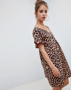 Свободное платье мини с V-образным вырезом и леопардовым принтом ASOS DESIGN - Мульти