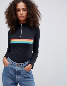 Daisy Street Bodysuit with Zip Funnel Neck and Rainbow Stripe - Черный