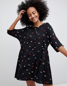 Monki multi colour dog print smock dress in black - Черный