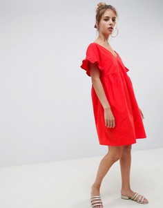 Свободное хлопковое платье мини с V-образным вырезом спереди и сзади ASOS DESIGN - Красный