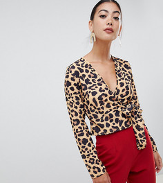 Boohoo Petite wrap tie blouse in leopard print - Мульти