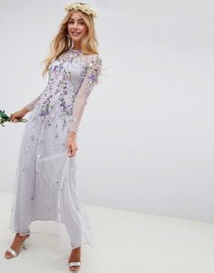 Платье макси с длинными рукавами и вышивкой ASOS DESIGN Bridesmaid - Серый