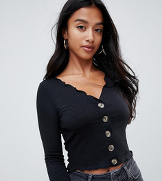 Топ в рубчик на пуговицах с V-образным вырезом и длинными рукавами ASOS DESIGN Petite - Черный