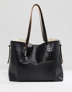 Черная сумка-шоппер с эффектом змеиной кожи и металлическими молниями Glamorous - Черный