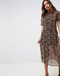 Плиссированное платье-рубашка миди с леопардовым принтом ASOS DESIGN - Мульти