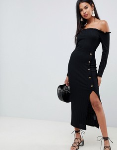 Платье макси в рубчик с открытыми плечами и роговыми пуговицами ASOS DESIGN - Черный