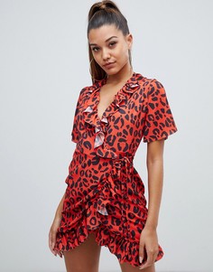 Красное платье мини с леопардовым принтом, запахом и оборками PrettyLittleThing - Красный