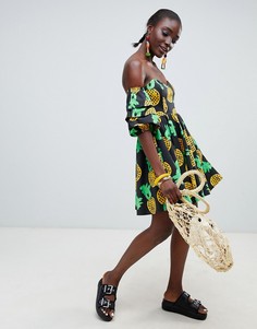Платье с открытыми плечами и ананасами ASOS Made In Kenya x Julie Adenuga - Мульти