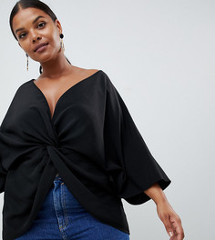 Топ с узлом спереди и рукавами-кимоно ASOS DESIGN Curve - Черный