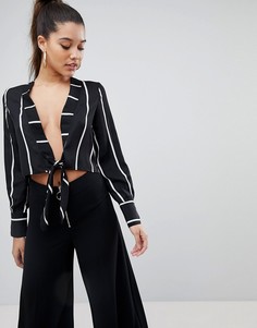 Укороченная блузка в полоску с завязкой PrettyLittleThing - Черный