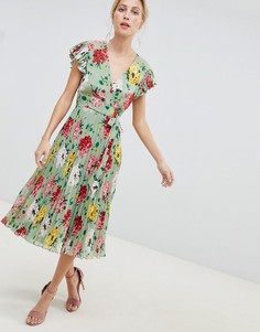 Плиссированное платье миди с рукавами клеш и цветочным принтом ASOS DESIGN - Мульти
