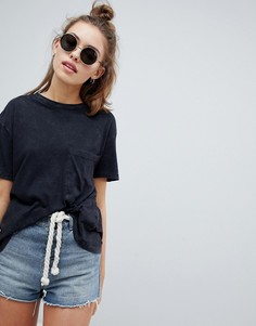 Черная выбеленная футболка с карманом Pull&bear - Черный