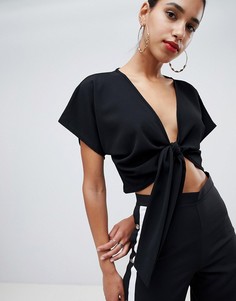 Блузка с короткими рукавами и узлом спереди PrettyLittleThing - Черный