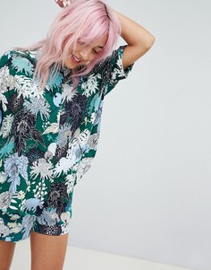 Зеленая oversize-блузка с цветочным принтом Monki - Зеленый