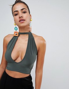 Кроп-топ с глубоким вырезом и завязкой на шее PrettyLittleThing - Зеленый